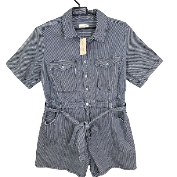Womens Blue & White Striped Romper Button Up Belted Waist 100% Cotton Size 17 - Picture 1 of 12